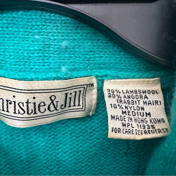 Vintage 80’s Fuzzy Green Angora Lambswool Sweater Medium Shoulder Pads Y2K - Picture 8 of 8